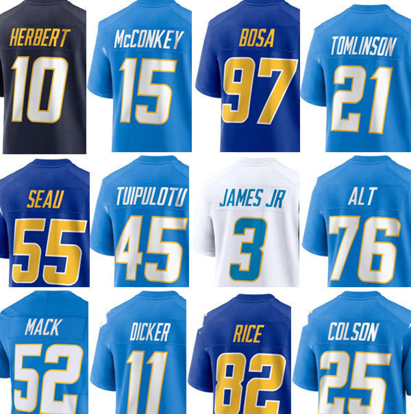 Chargers Jersey LaDainian Tomlinson Junior Seau Justin Herbert Ladd McConkey Joey Bosa Tuli Tuipulotu Derwin James Jr Rashawn Slater Joe Alt J.K. Do