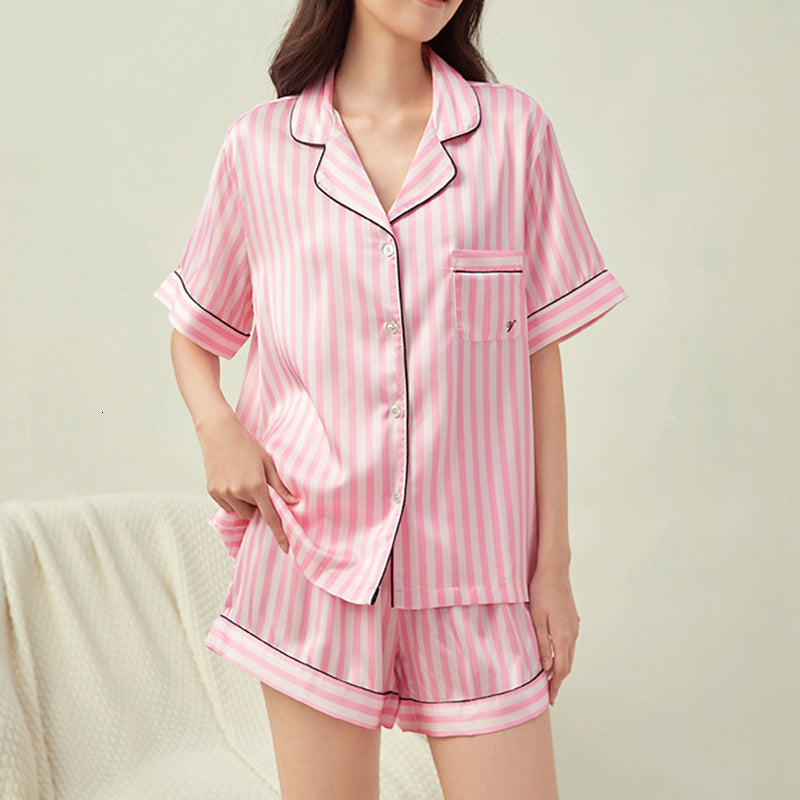 Same Style As Star Loungewear Women Pink Stripe Short Sleeved Pamas Thin Flip Collar Outerwear Classic Sleepwear Leisure Set