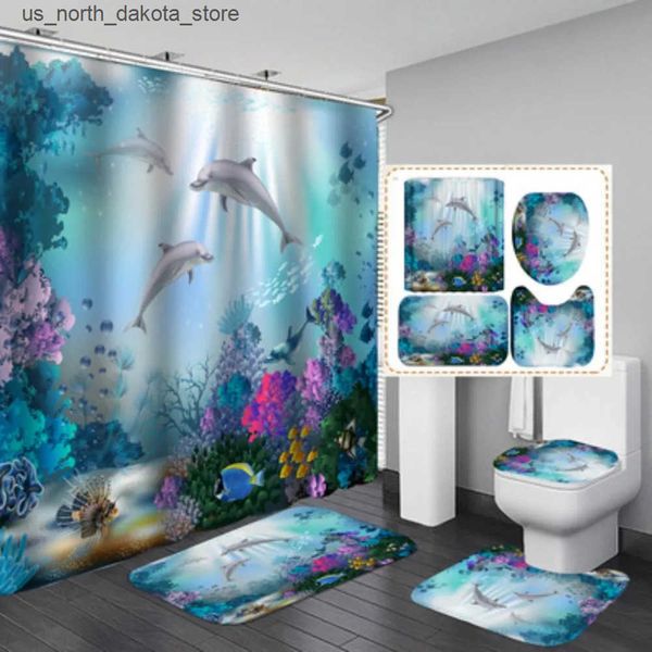 Shower Curtains Blue Ocean Underwater World Cute Dolphin 3D Printed Waterproof Shower Curtains with Carpet Toilet Lid Bathroom Mat Set Bathr