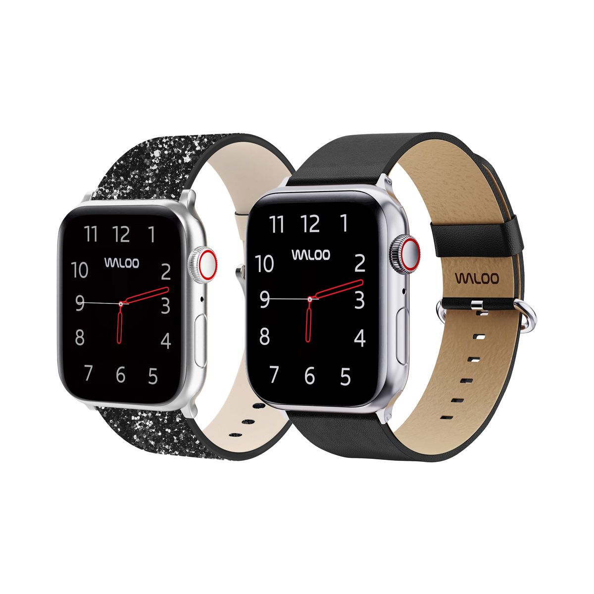 Waloo® Bling & Leather Grain Bands for Apple Watch (2-Pack) - 42-44-45-49mm - Black Bling + Black Grai