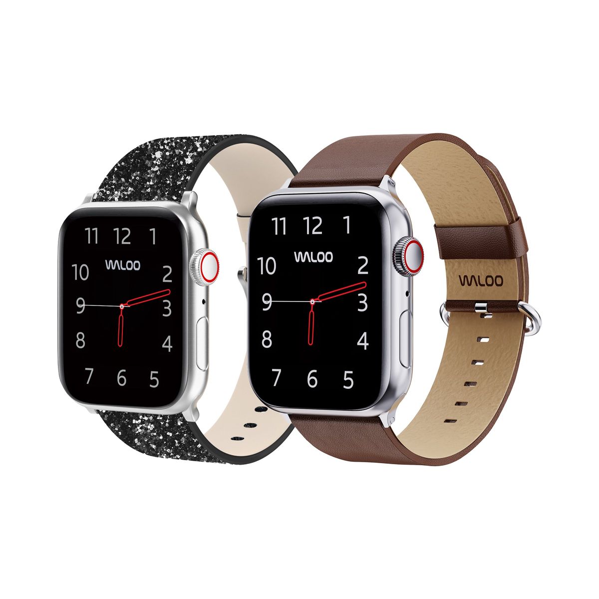 Waloo® Bling & Leather Grain Bands for Apple Watch (2-Pack) - 42-44-45-49mm - Black Bling + Brown