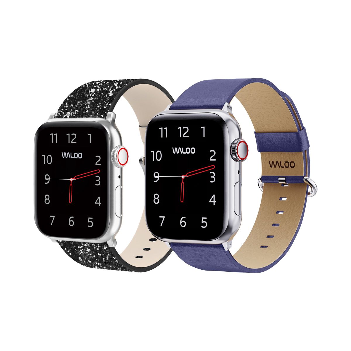 Waloo® Bling & Leather Grain Bands for Apple Watch (2-Pack) - 42-44-45-49mm - Black Bling + Navy Grain