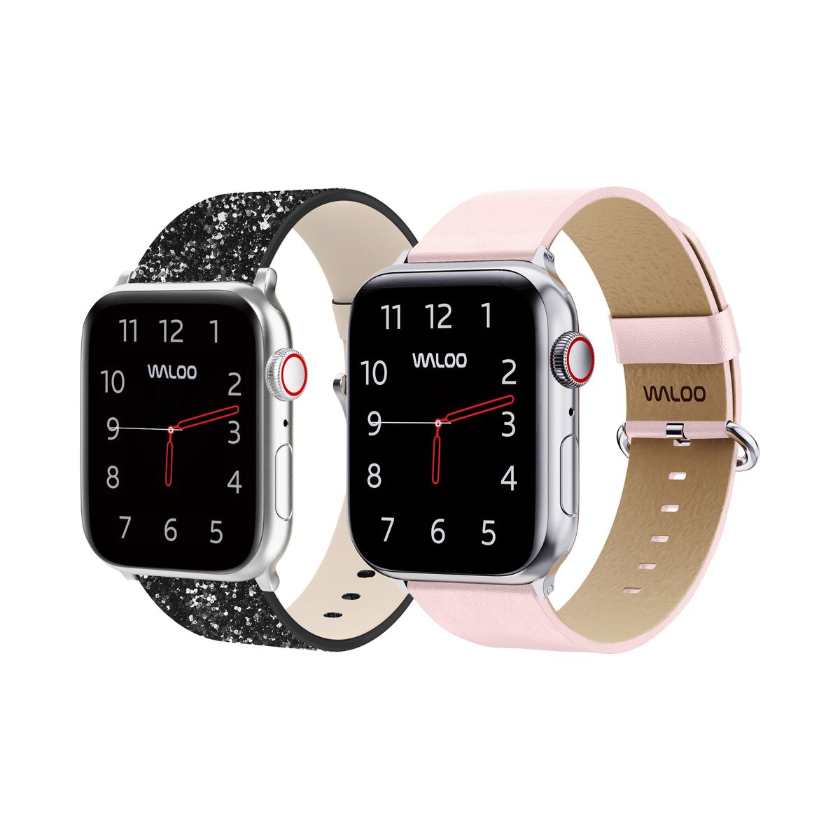 Waloo® Bling & Leather Grain Bands for Apple Watch (2-Pack) - 38-40-41mm - Black Bling + Pink Grain
