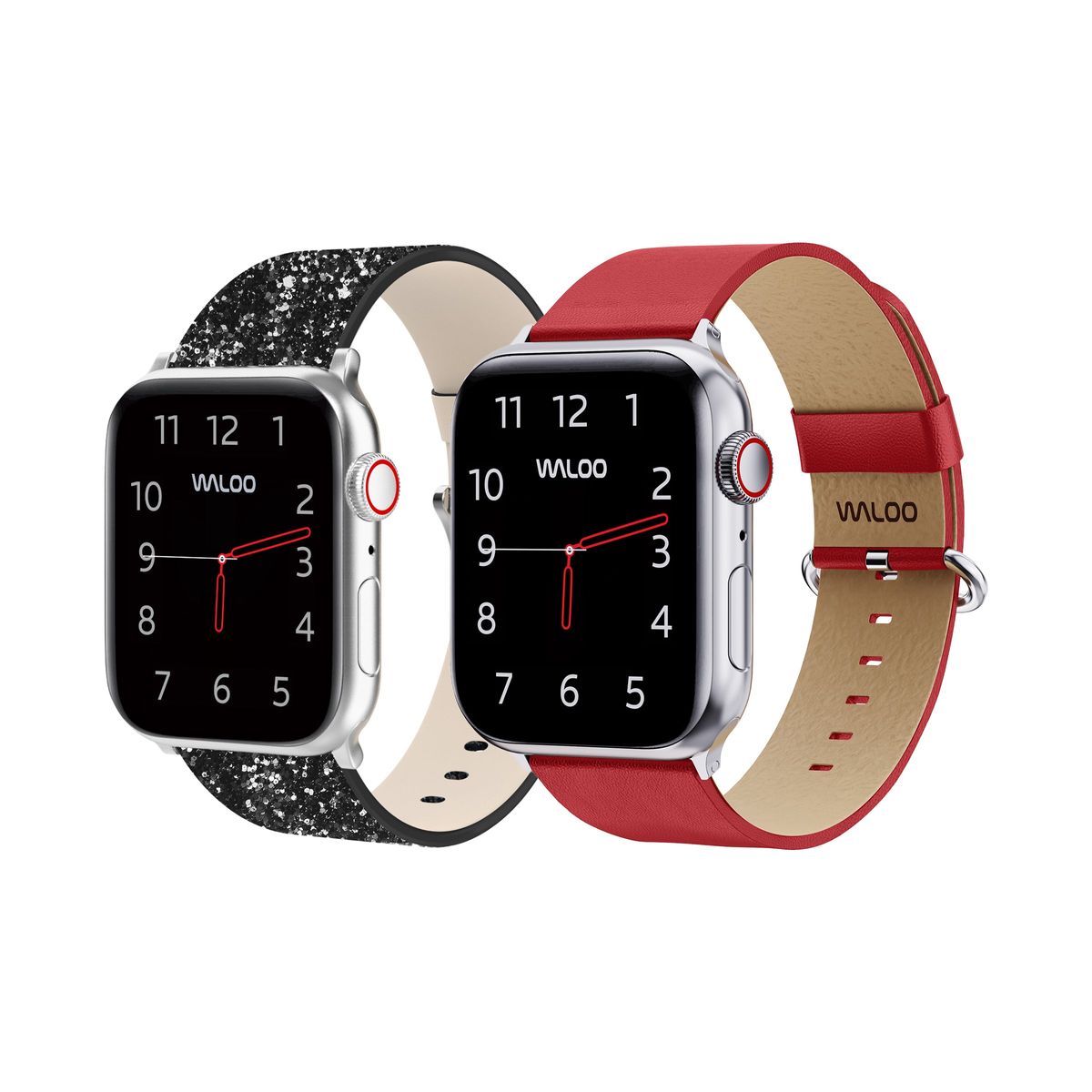 Waloo® Bling & Leather Grain Bands for Apple Watch (2-Pack) - 42-44-45-49mm - Black Bling + Red Grain