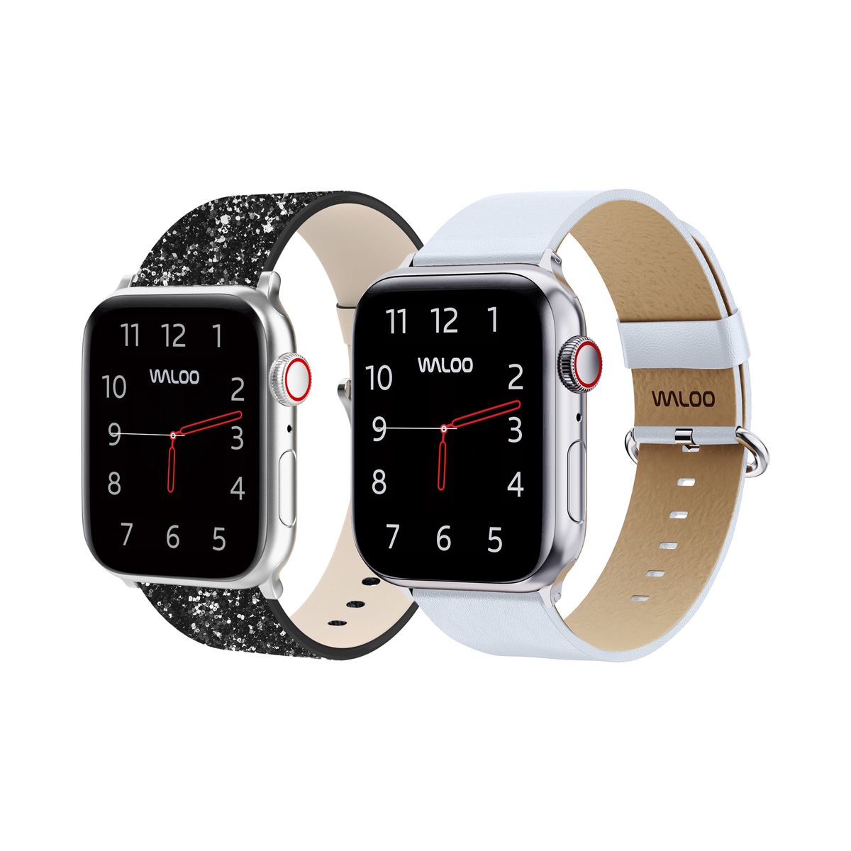 Waloo® Bling & Leather Grain Bands for Apple Watch (2-Pack) - 42-44-45-49mm - Black Bling + White Grai