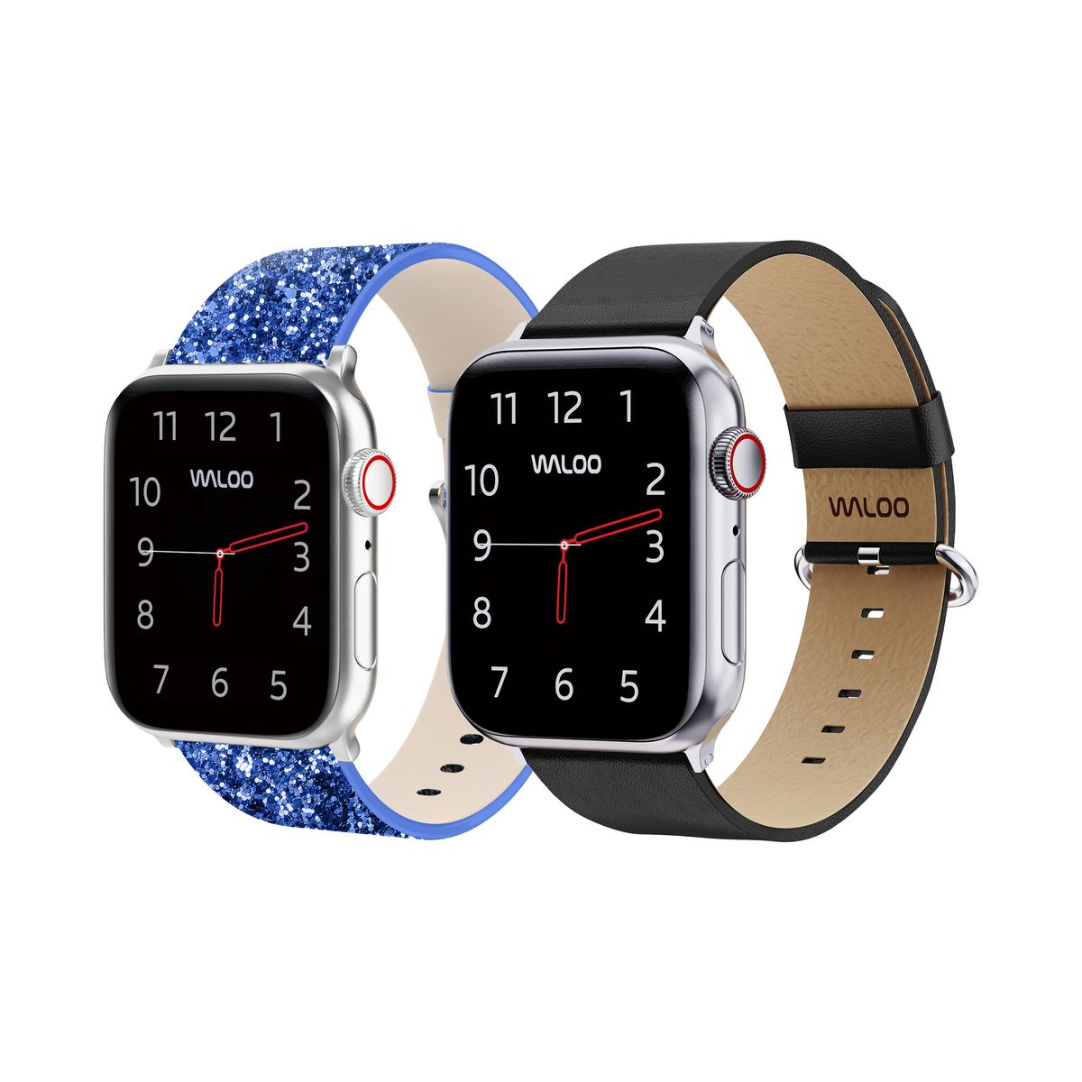 Waloo® Bling & Leather Grain Bands for Apple Watch (2-Pack) - 38-40-41mm - Blue Bling + Black Grain