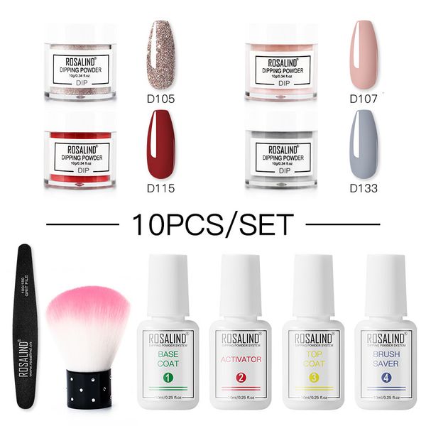 Nail Glitter ROSALIND Pure Color Flash Dipping Powder Kit Nail Dust Decorative Resin Pigment Nail Art Need Primer and Sealing Layer Set 10ml