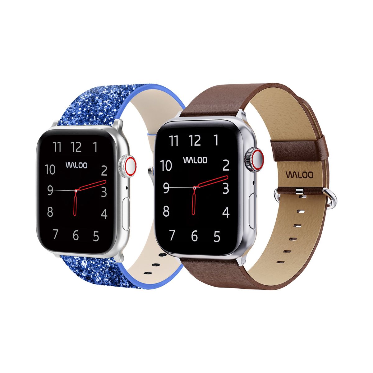 Waloo® Bling & Leather Grain Bands for Apple Watch (2-Pack) - 38-40-41mm - Blue Bling + Brown Grain