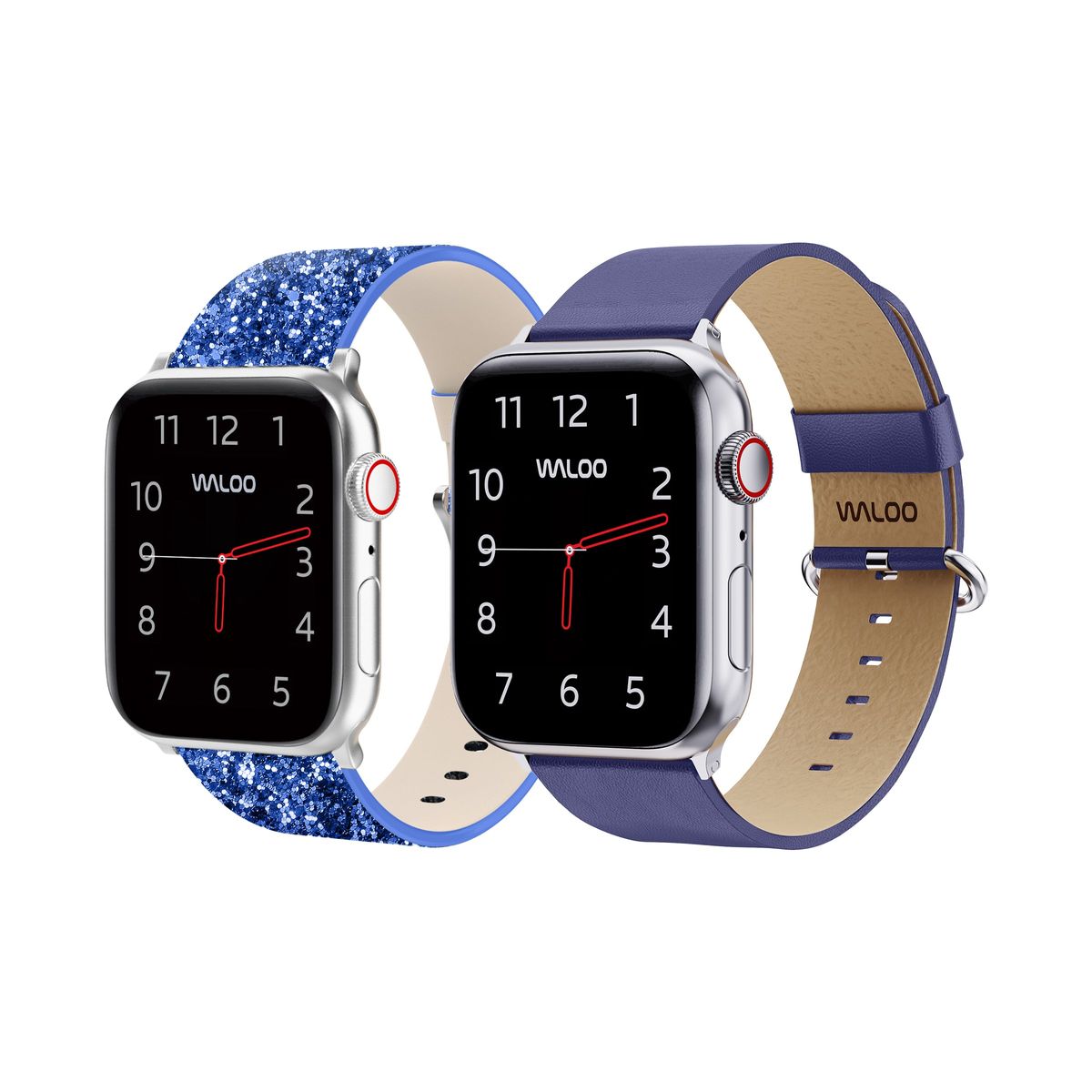 Waloo® Bling & Leather Grain Bands for Apple Watch (2-Pack) - 42-44-45-49mm - Blue Bling + Navy Grain