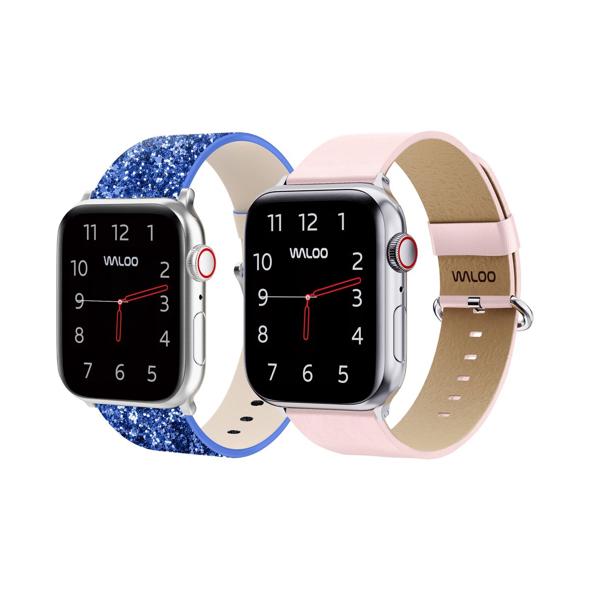 Waloo® Bling & Leather Grain Bands for Apple Watch (2-Pack) - 42-44-45-49mm - Blue Bling + Pink Grain