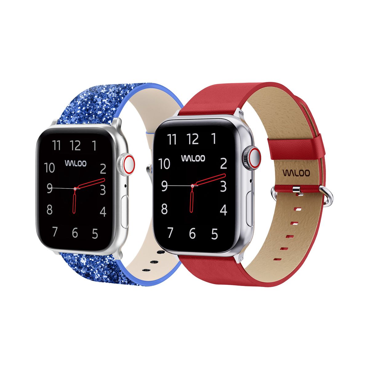 Waloo® Bling & Leather Grain Bands for Apple Watch (2-Pack) - 38-40-41mm - Blue Bling + Red Grain