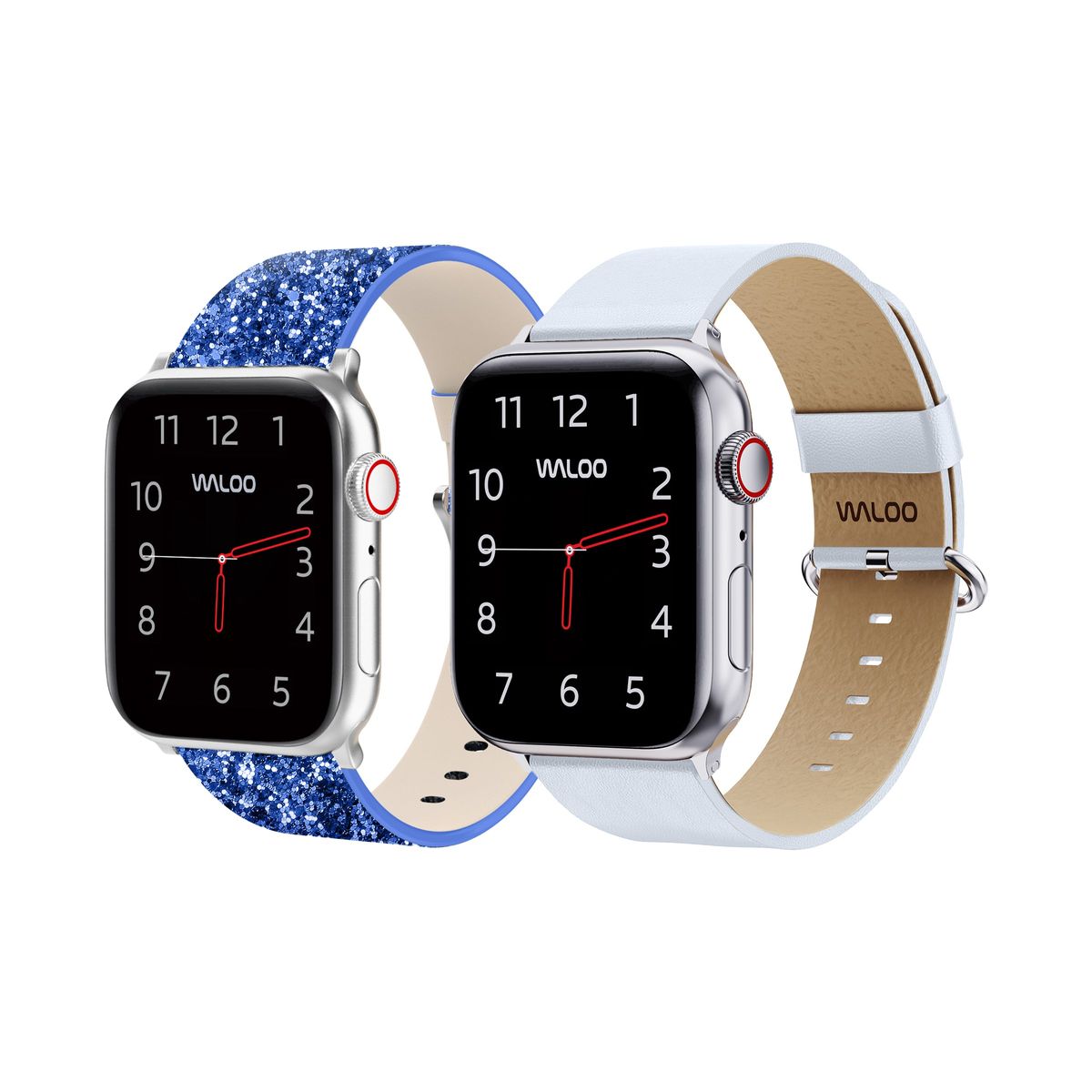 Waloo® Bling & Leather Grain Bands for Apple Watch (2-Pack) - 38-40-41mm - Blue Bling + White Grain