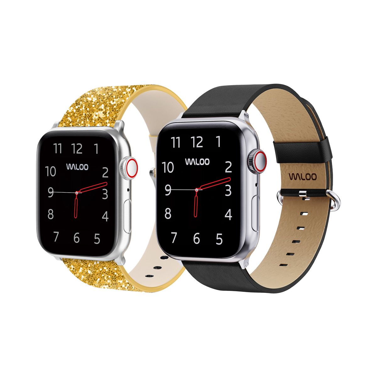 Waloo® Bling & Leather Grain Bands for Apple Watch (2-Pack) - 42-44-45-49mm - Gold Bling + Black Grain