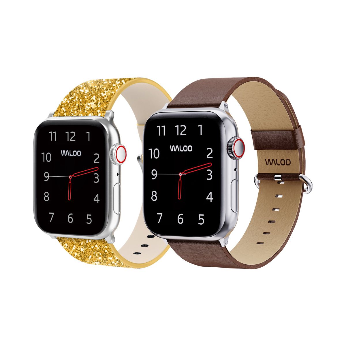 Waloo® Bling & Leather Grain Bands for Apple Watch (2-Pack) - 42-44-45-49mm - Gold Bling + Brown Grain
