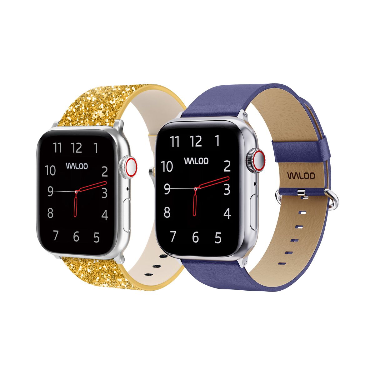 Waloo® Bling & Leather Grain Bands for Apple Watch (2-Pack) - 42-44-45-49mm - Gold Bling + Navy Grain