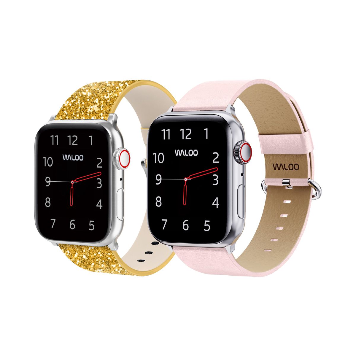 Waloo® Bling & Leather Grain Bands for Apple Watch (2-Pack) - 42-44-45-49mm - Gold Bling + Pink Grain