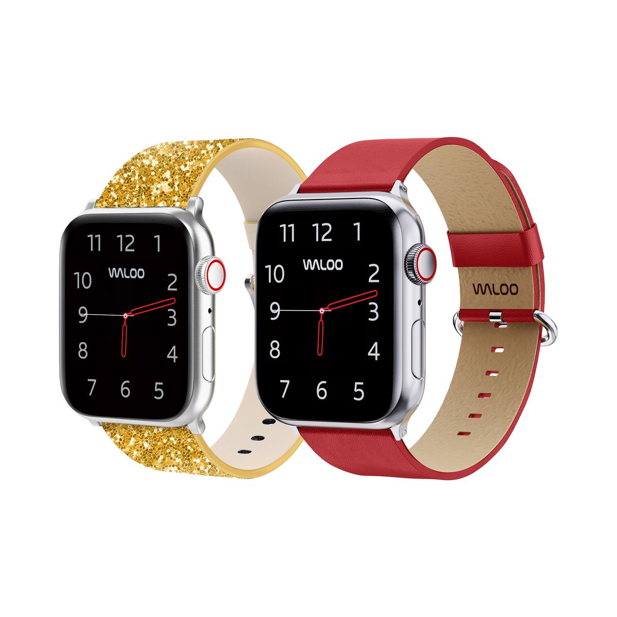 Waloo® Bling & Leather Grain Bands for Apple Watch (2-Pack) - 42-44-45-49mm - Gold Bling + Red Grain