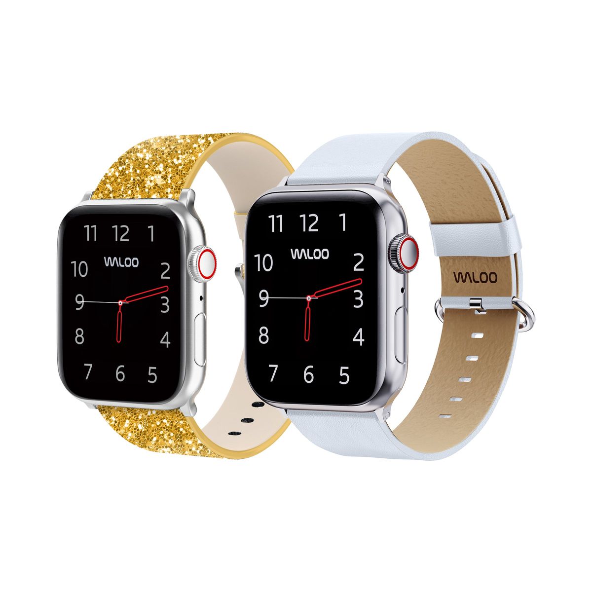 Waloo® Bling & Leather Grain Bands for Apple Watch (2-Pack) - 38-40-41mm - Gold Bling + White Grain