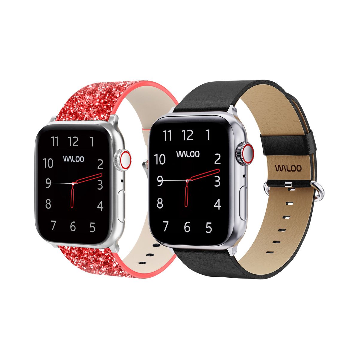 Waloo® Bling & Leather Grain Bands for Apple Watch (2-Pack) - 42-44-45-49mm - Red Bling + Black Grain