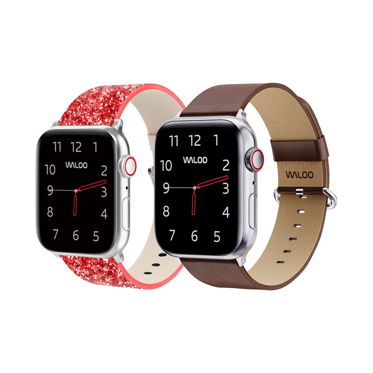 Waloo® Bling & Leather Grain Bands for Apple Watch (2-Pack) - 38-40-41mm - Red Bling + Brown Grain