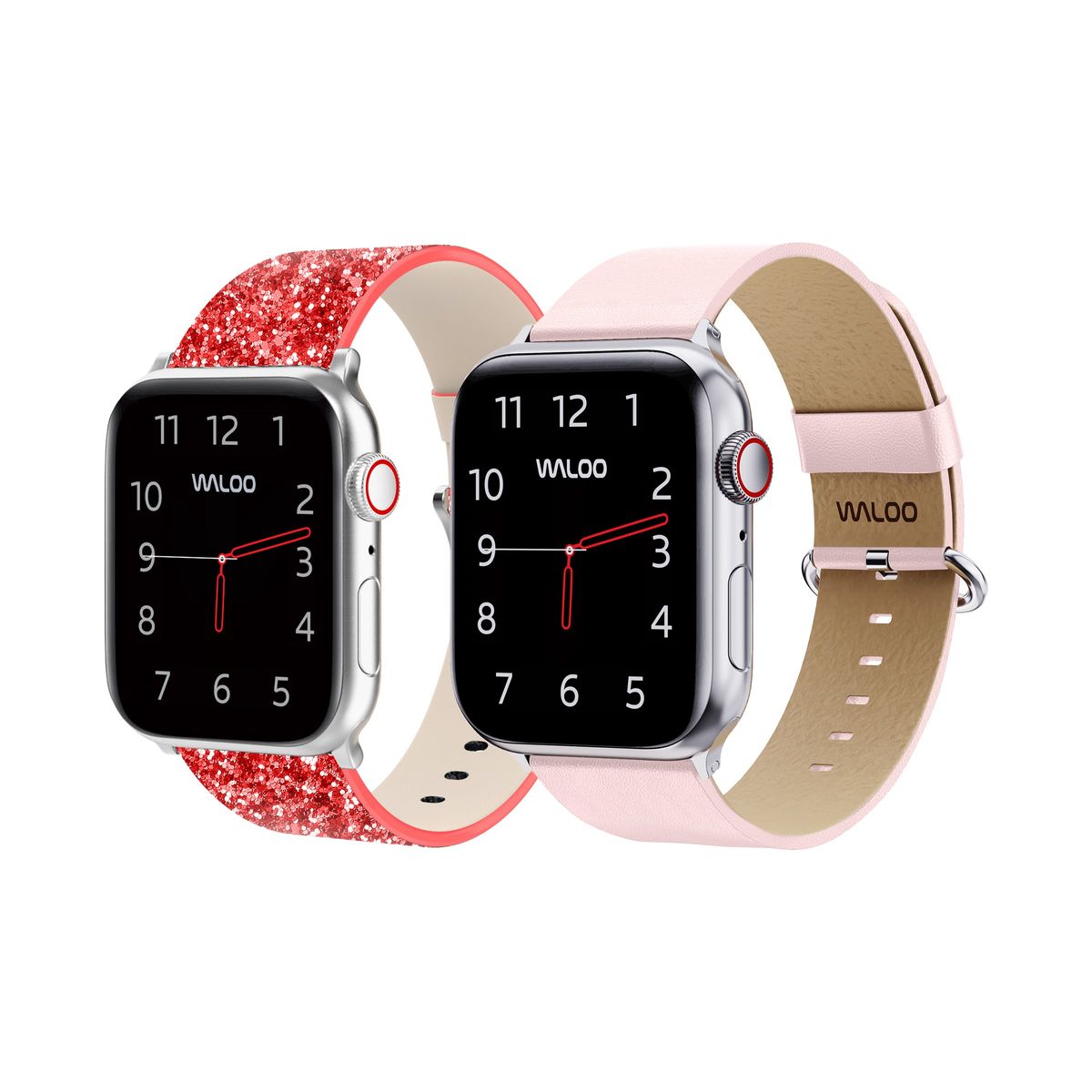 Waloo® Bling & Leather Grain Bands for Apple Watch (2-Pack) - 42-44-45-49mm - Red Bling + Pink Grain