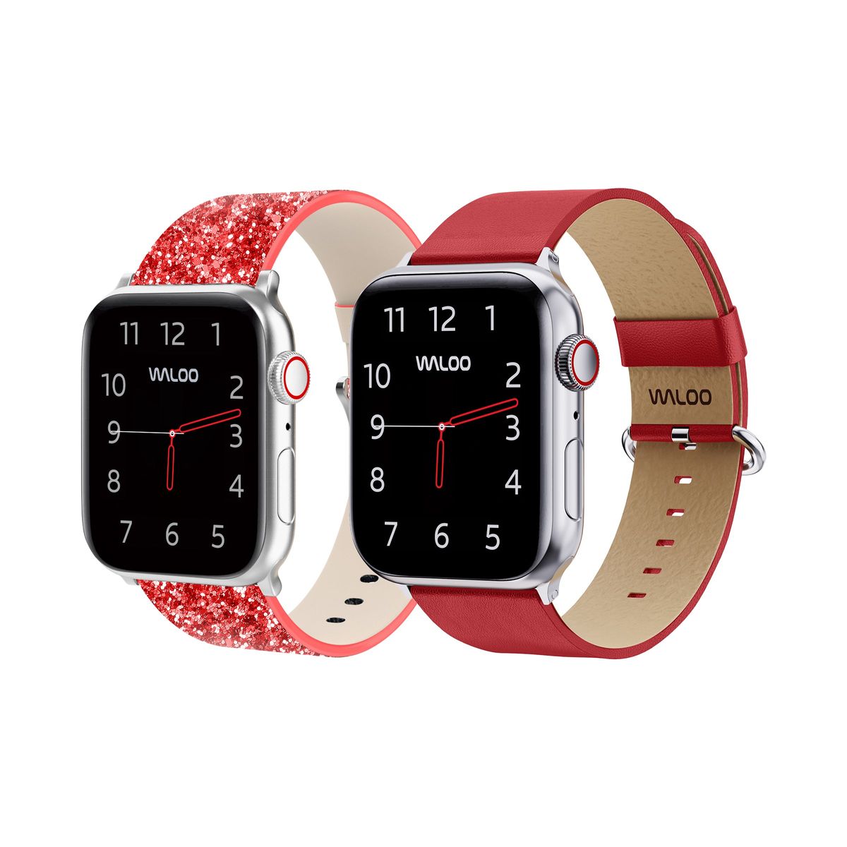 Waloo® Bling & Leather Grain Bands for Apple Watch (2-Pack) - 38-40-41mm - Red Bling + Red Grain