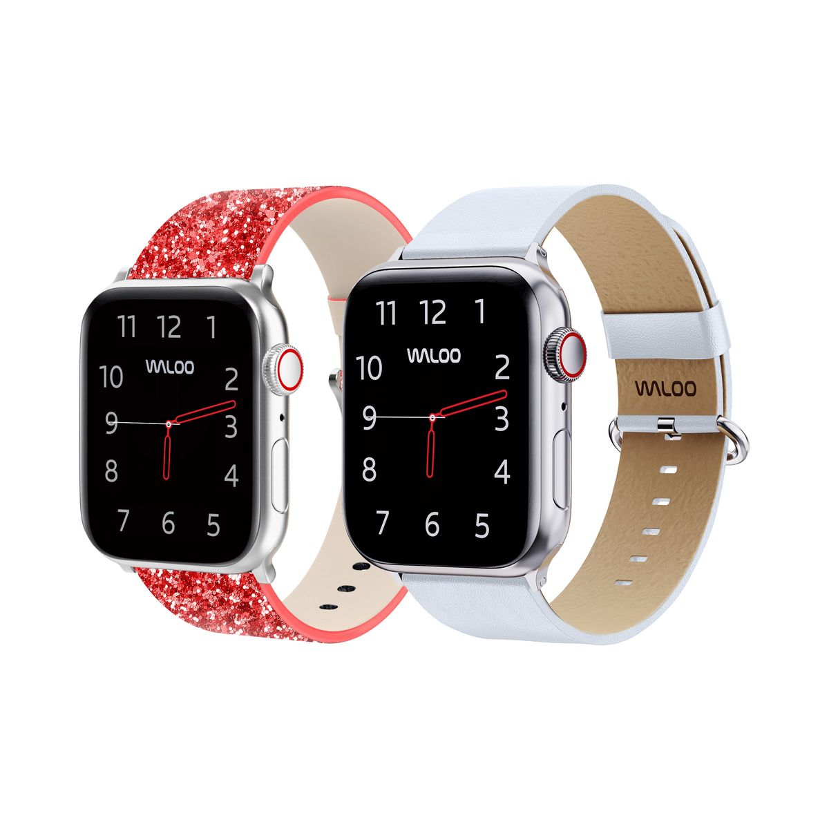 Waloo® Bling & Leather Grain Bands for Apple Watch (2-Pack) - 42-44-45-49mm - Red Bling + White Grain