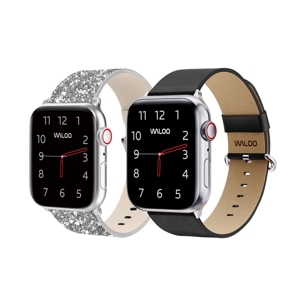 Waloo® Bling & Leather Grain Bands for Apple Watch (2-Pack) - 42-44-45-49mm - Silver Bling + Black Gra