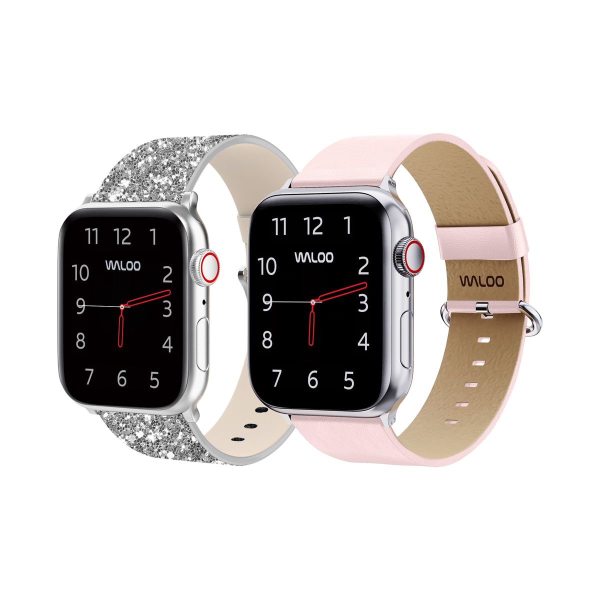 Waloo® Bling & Leather Grain Bands for Apple Watch (2-Pack) - 38-40-41mm - Silver Bling + Pink Grain