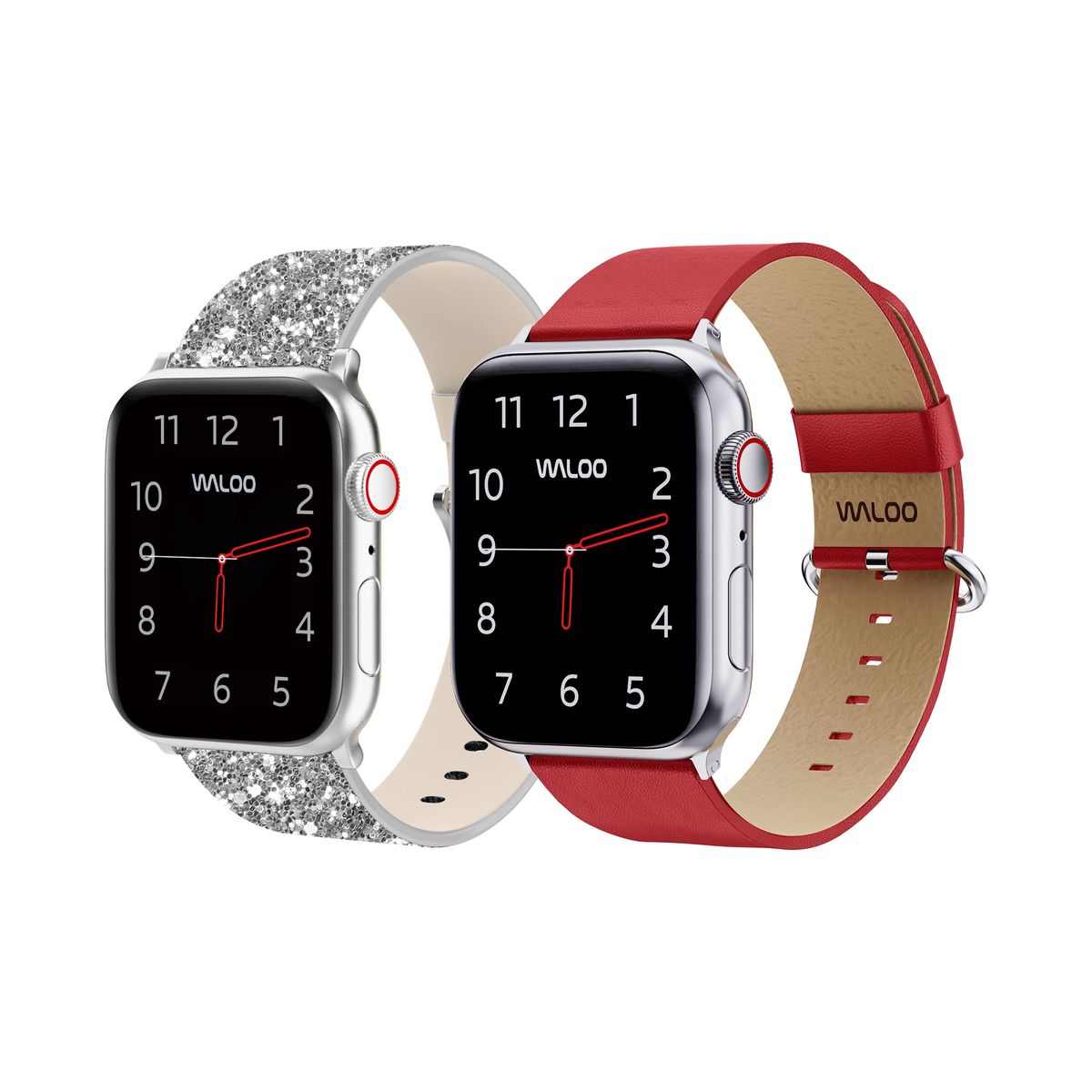 Waloo® Bling & Leather Grain Bands for Apple Watch (2-Pack) - 42-44-45-49mm - Silver Bling + Red Grain