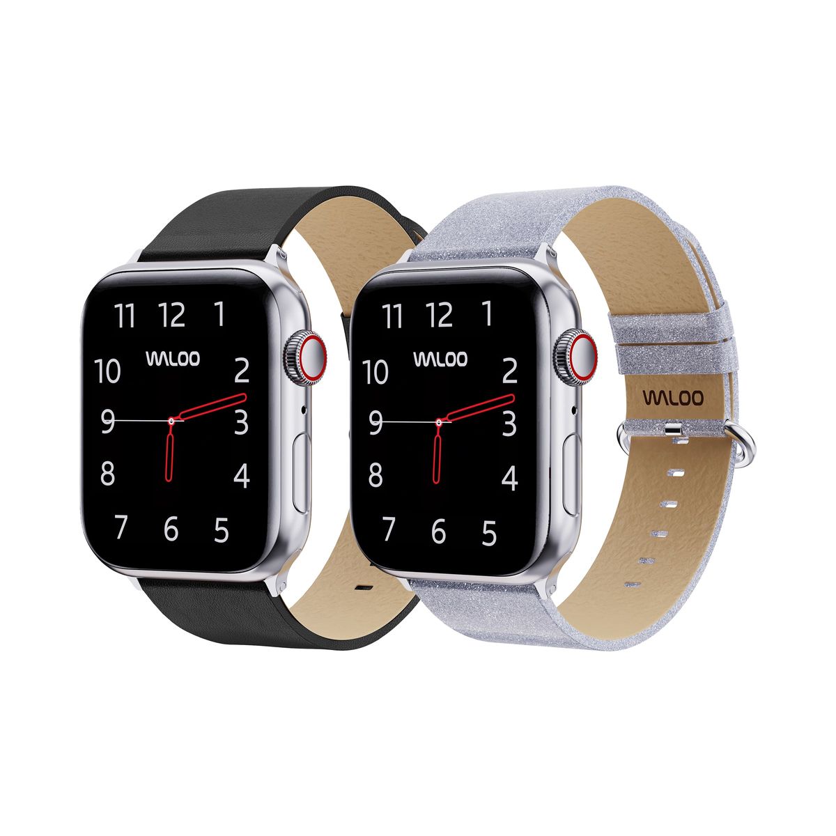 Waloo® Leather Grain & Shiny Brilliance Bands for Apple Watch (2-Pack) - 42-44-45-49mm - Black Leather Grain + Silver Brilliance