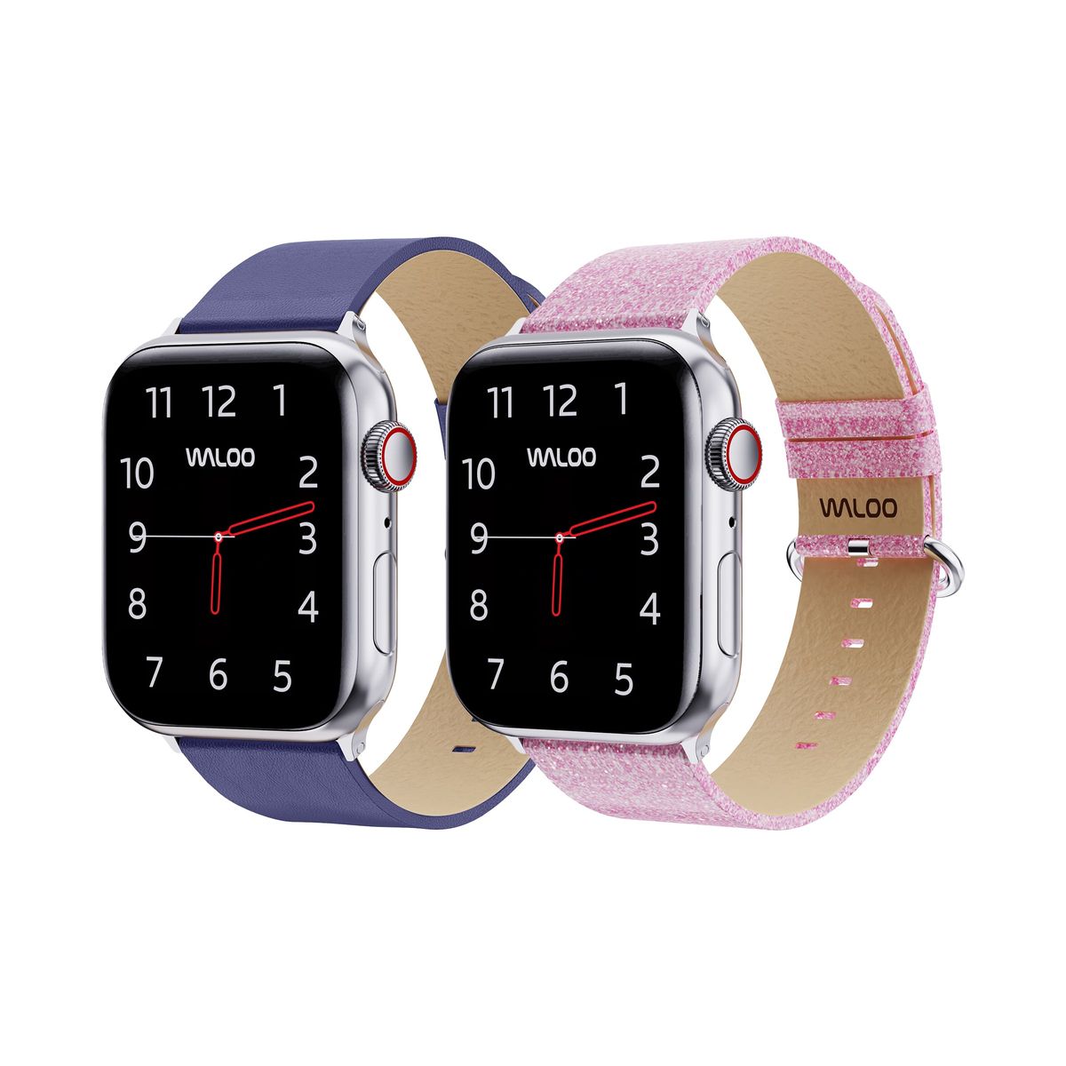 Waloo® Leather Grain & Shiny Brilliance Bands for Apple Watch (2-Pack) - 42-44-45-49mm - Blue Leather Grain + Pink Brilliance