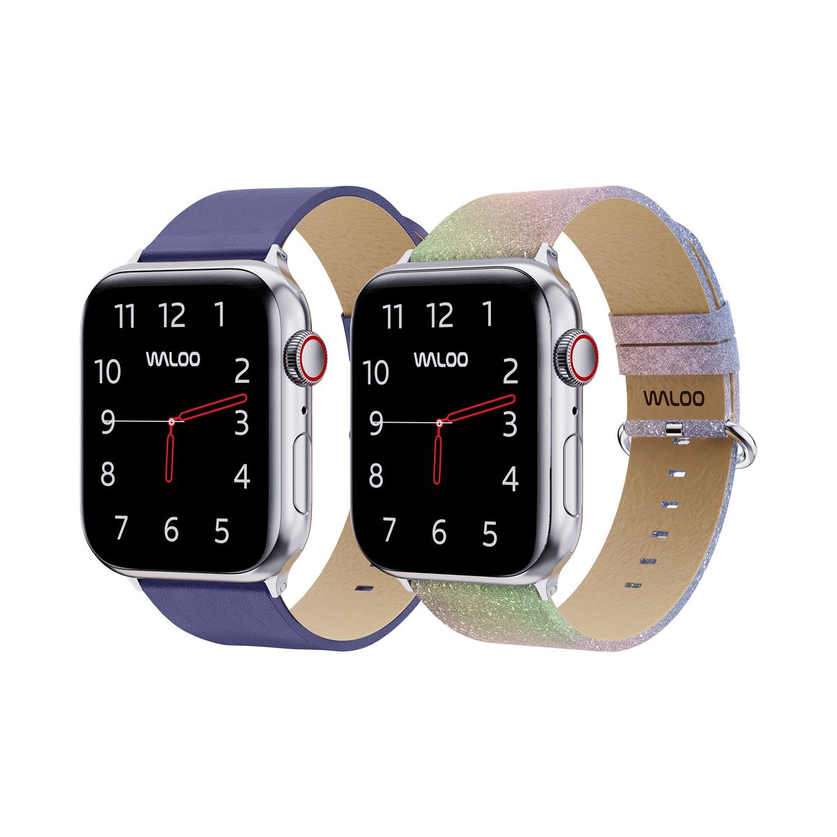 Waloo® Leather Grain & Shiny Brilliance Bands for Apple Watch (2-Pack) - 42-44-45-49mm - Blue Leather Grain + Rainbow Brilliance