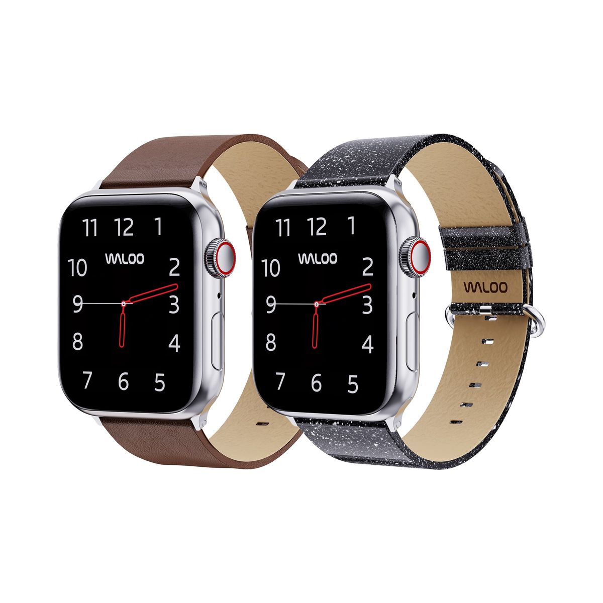 Waloo® Leather Grain & Shiny Brilliance Bands for Apple Watch (2-Pack) - 38-40-41mm - Brown Leather Grain + Black Brilliance
