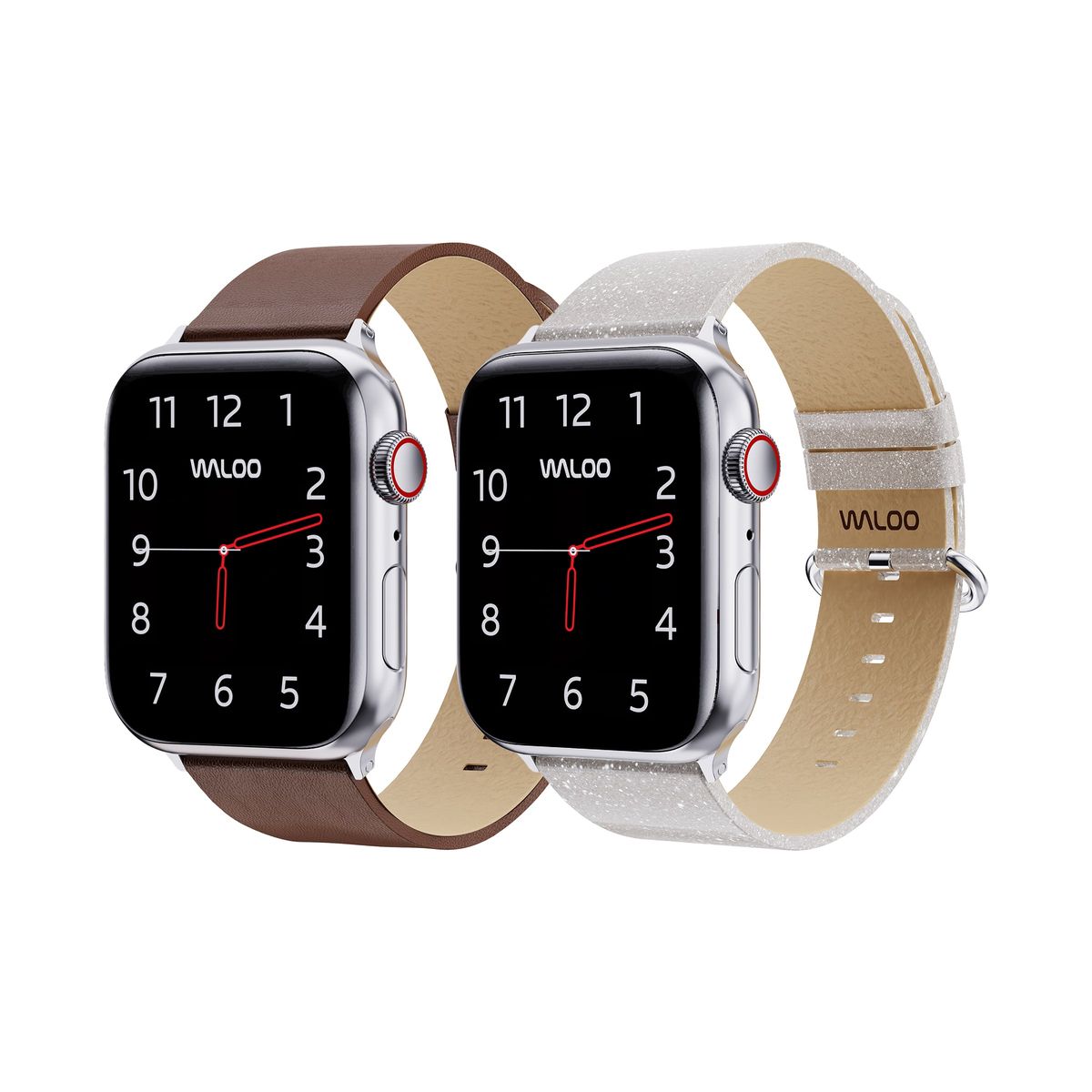 Waloo® Leather Grain & Shiny Brilliance Bands for Apple Watch (2-Pack) - 42-44-45-49mm - Brown Leather Grain + White Brilliance