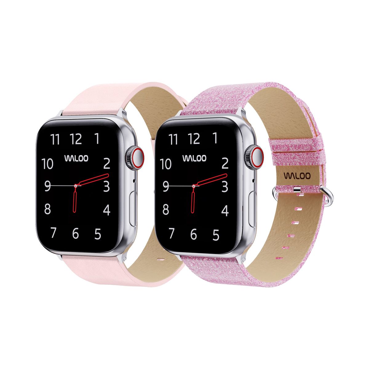 Waloo® Leather Grain & Shiny Brilliance Bands for Apple Watch (2-Pack) - 42-44-45-49mm - Pink Leather Grain + Pink Brilliance