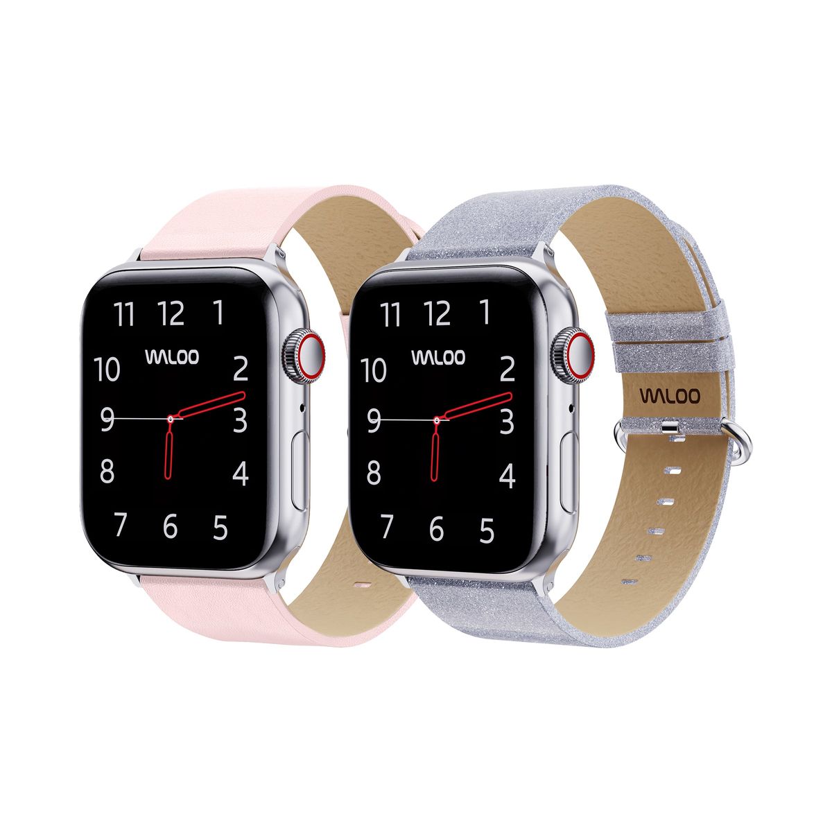 Waloo® Leather Grain & Shiny Brilliance Bands for Apple Watch (2-Pack) - 38-40-41mm - Pink Leather Grain + Silver Brilliance