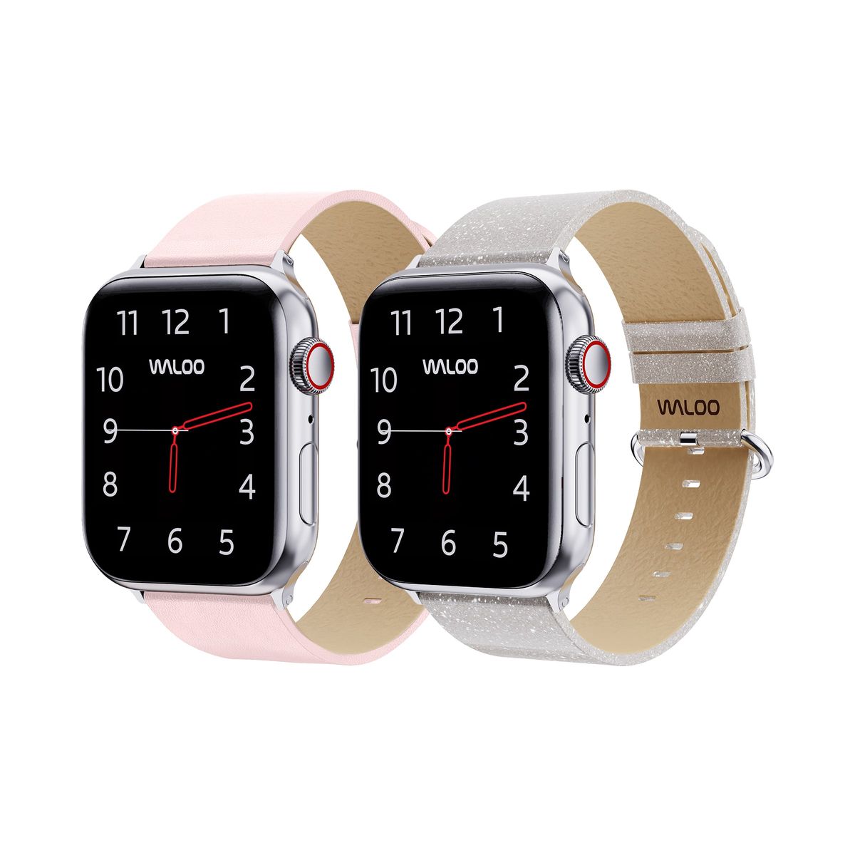 Waloo® Leather Grain & Shiny Brilliance Bands for Apple Watch (2-Pack) - 38-40-41mm - Pink Leather Grain + White Brilliance