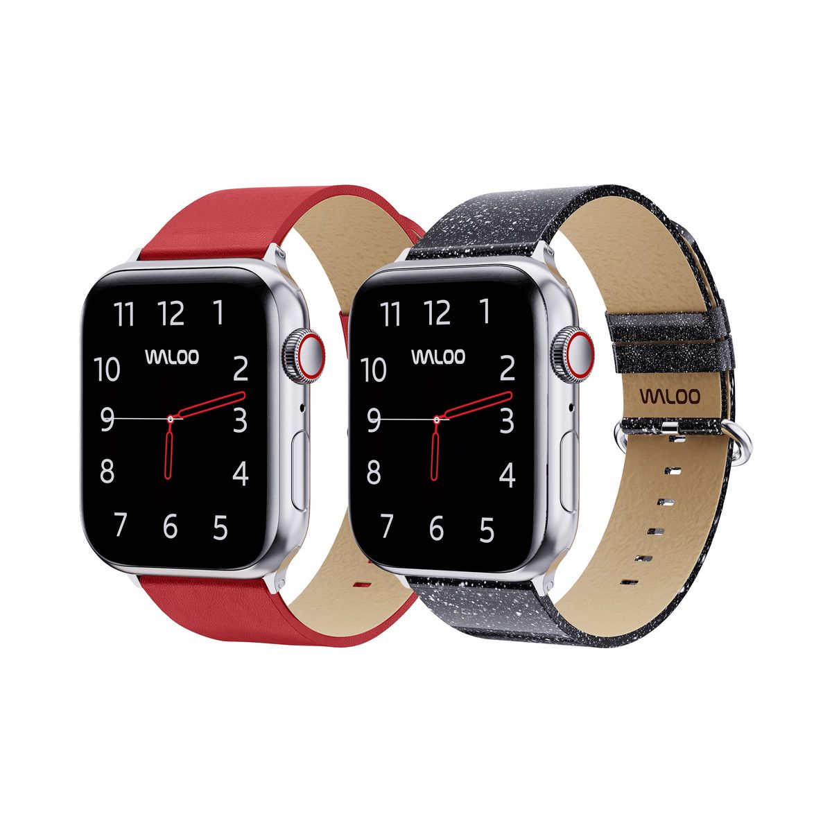 Waloo® Leather Grain & Shiny Brilliance Bands for Apple Watch (2-Pack) - 42-44-45-49mm - Red Leather Grain + Black Brilliance