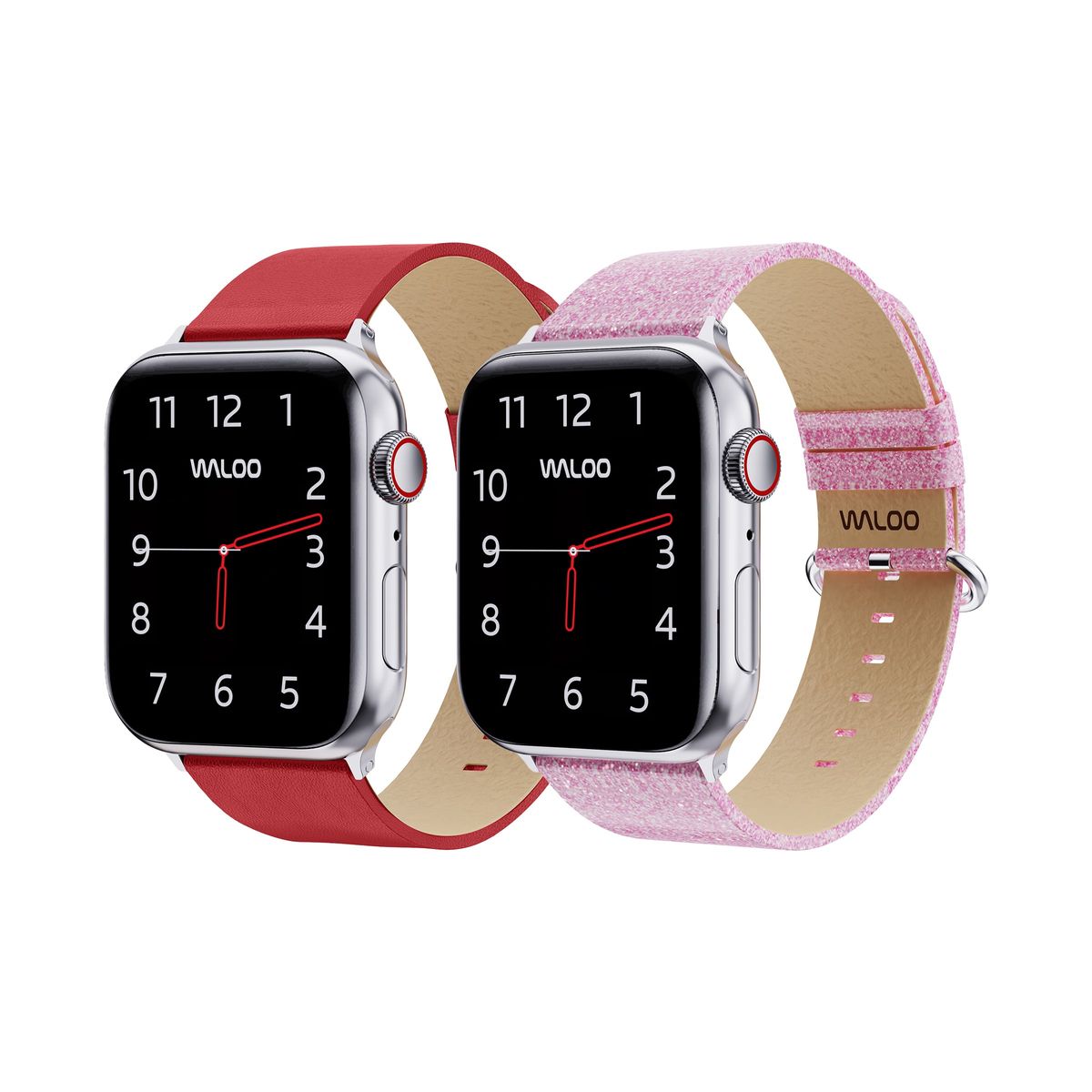 Waloo® Leather Grain & Shiny Brilliance Bands for Apple Watch (2-Pack) - 38-40-41mm - Red Leather Grain + Pink Brilliance