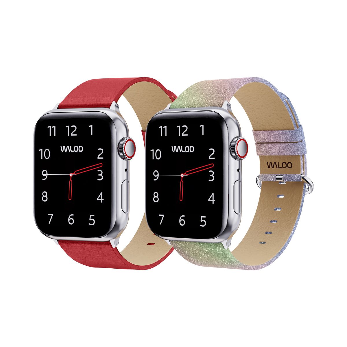 Waloo® Leather Grain & Shiny Brilliance Bands for Apple Watch (2-Pack) - 38-40-41mm - Red Leather Grain + Rainbow Brilliance