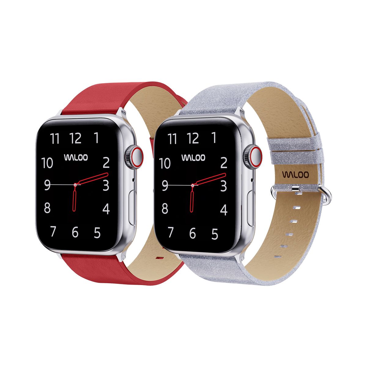 Waloo® Leather Grain & Shiny Brilliance Bands for Apple Watch (2-Pack) - 38-40-41mm - Red Leather Grain + Silver Brilliance