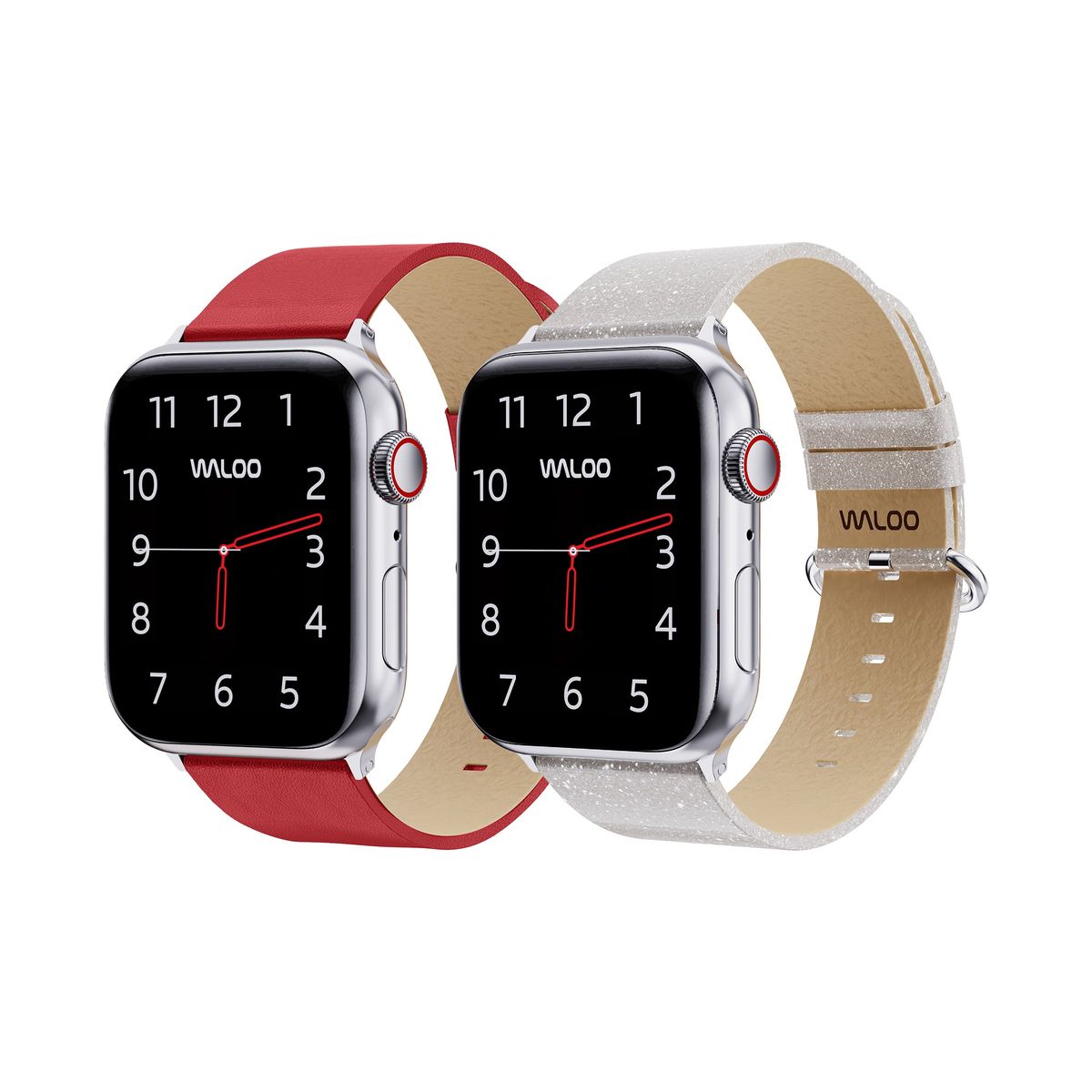 Waloo® Leather Grain & Shiny Brilliance Bands for Apple Watch (2-Pack) - 42-44-45-49mm - Red Leather Grain + White Brilliance