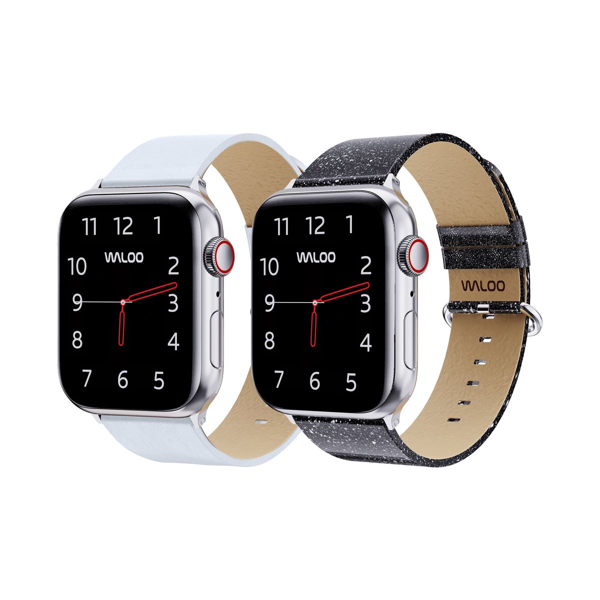 Waloo® Leather Grain & Shiny Brilliance Bands for Apple Watch (2-Pack) - 42-44-45-49mm - White Leather Grain + Black Brilliance