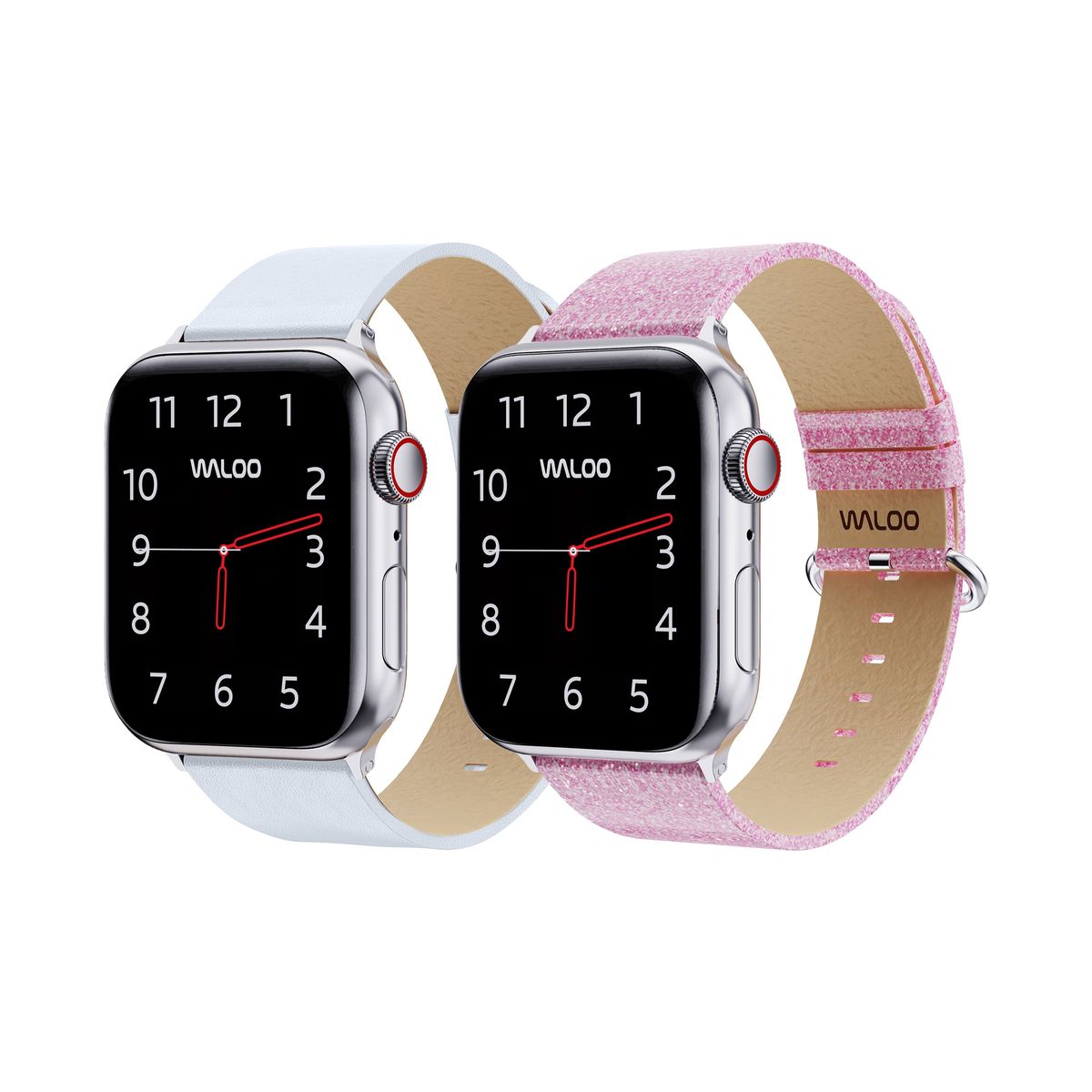 Waloo® Leather Grain & Shiny Brilliance Bands for Apple Watch (2-Pack) - 38-40-41mm - White Leather Grain + Pink Brilliance