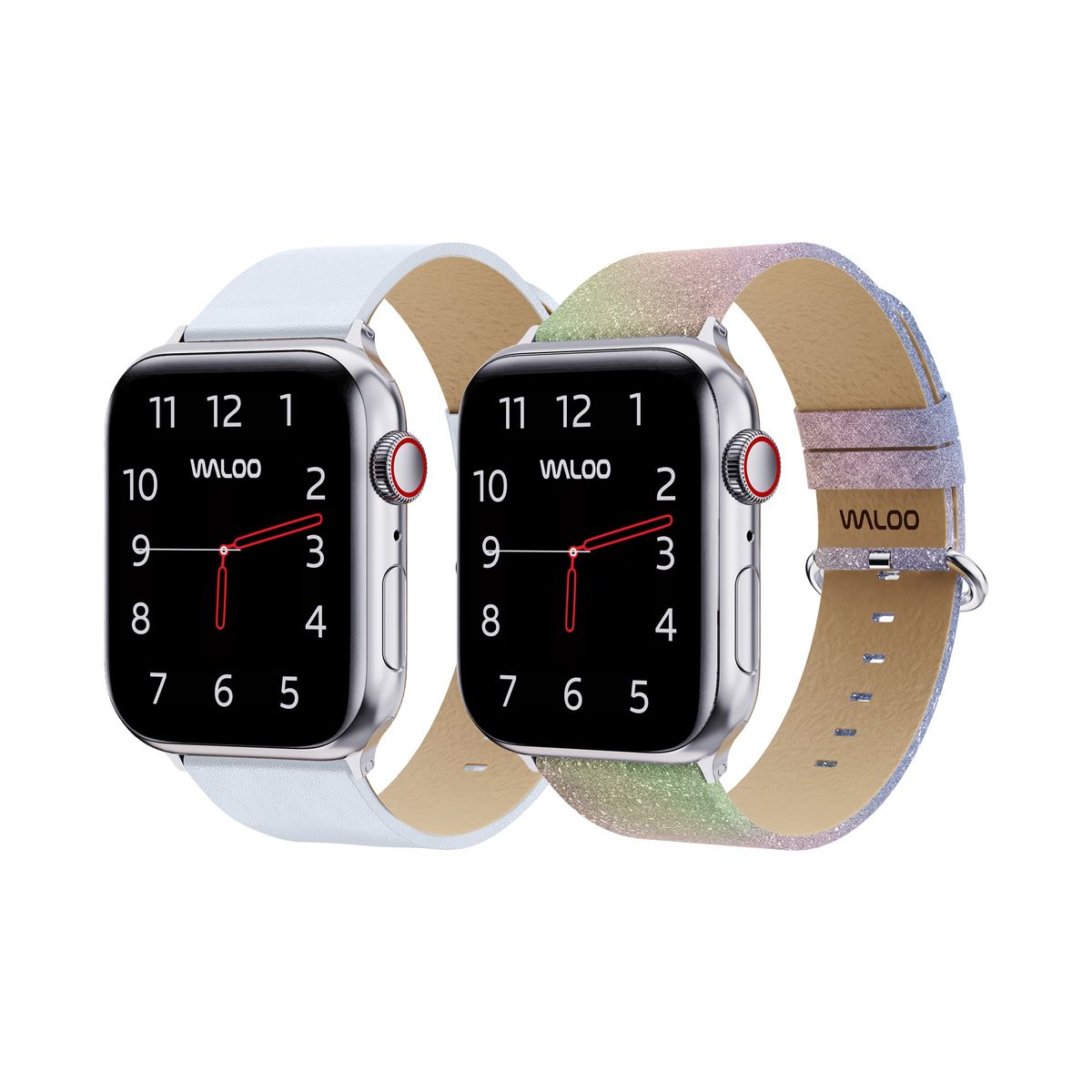 Waloo® Leather Grain & Shiny Brilliance Bands for Apple Watch (2-Pack) - 38-40-41mm - White Leather Grain + Rainbow Brilliance