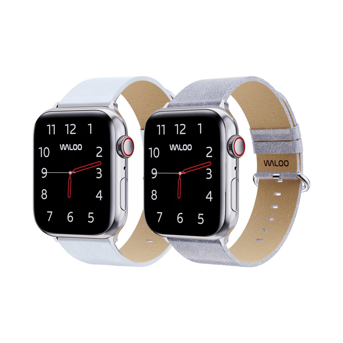 Waloo® Leather Grain & Shiny Brilliance Bands for Apple Watch (2-Pack) - 38-40-41mm - White Leather Grain + Silver Brilliance