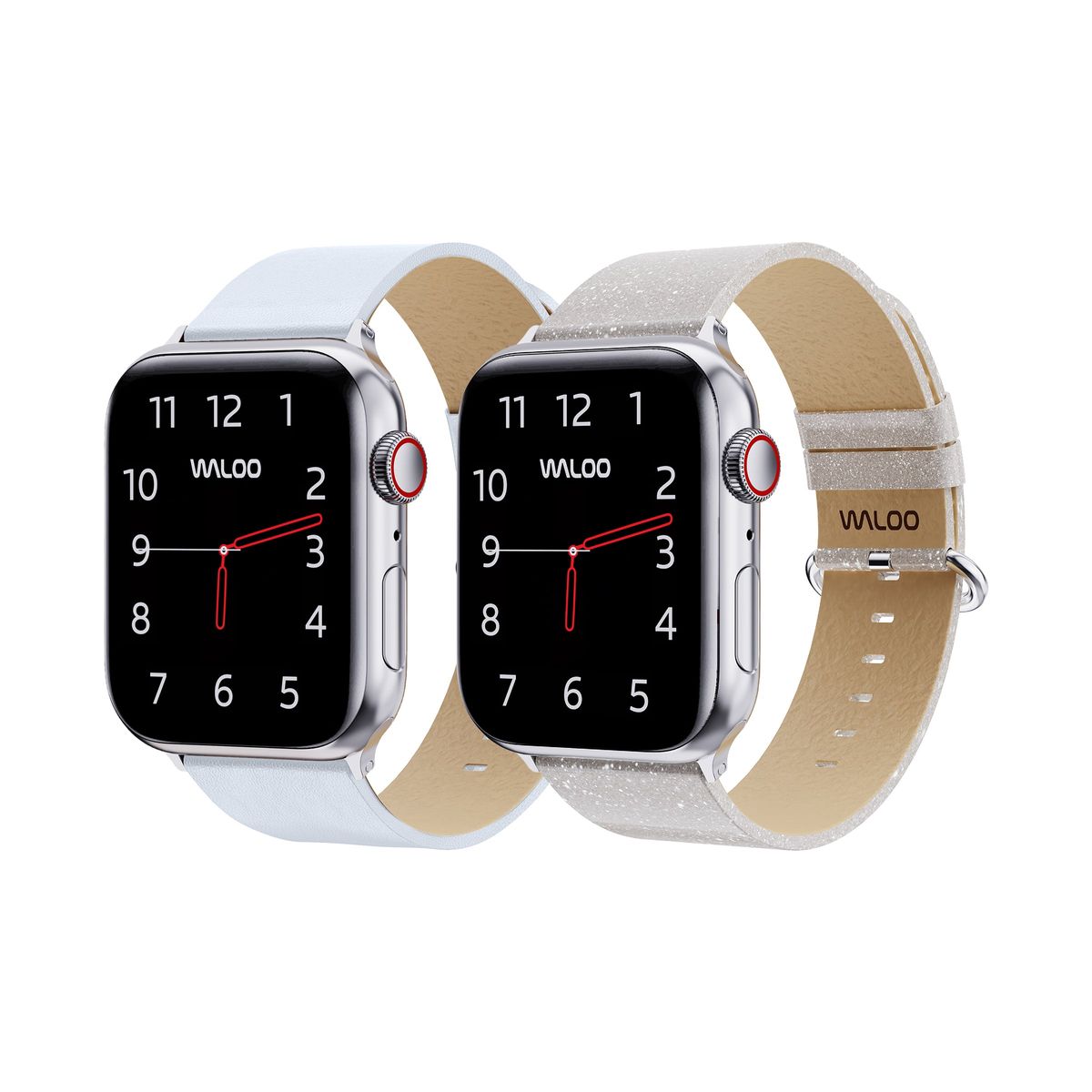 Waloo® Leather Grain & Shiny Brilliance Bands for Apple Watch (2-Pack) - 38-40-41mm - White Leather Grain + White Brilliance