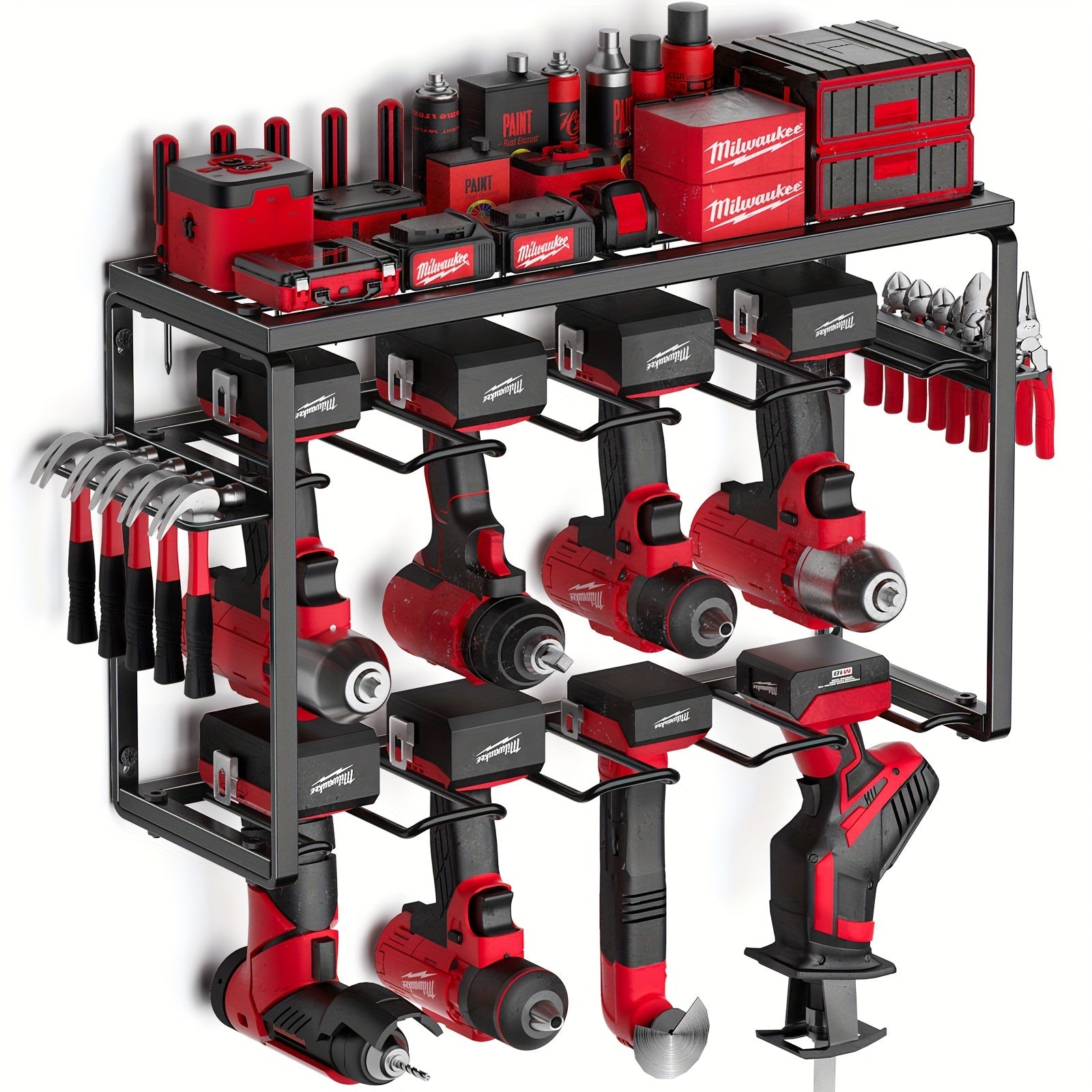 TEMU Electric Tool Storage Rack, 8 Drill Holder Wall Hanging, 3-tier Heavy Metal Storage Rack For Garage Organization, Tool Storage Rack With Hooks,