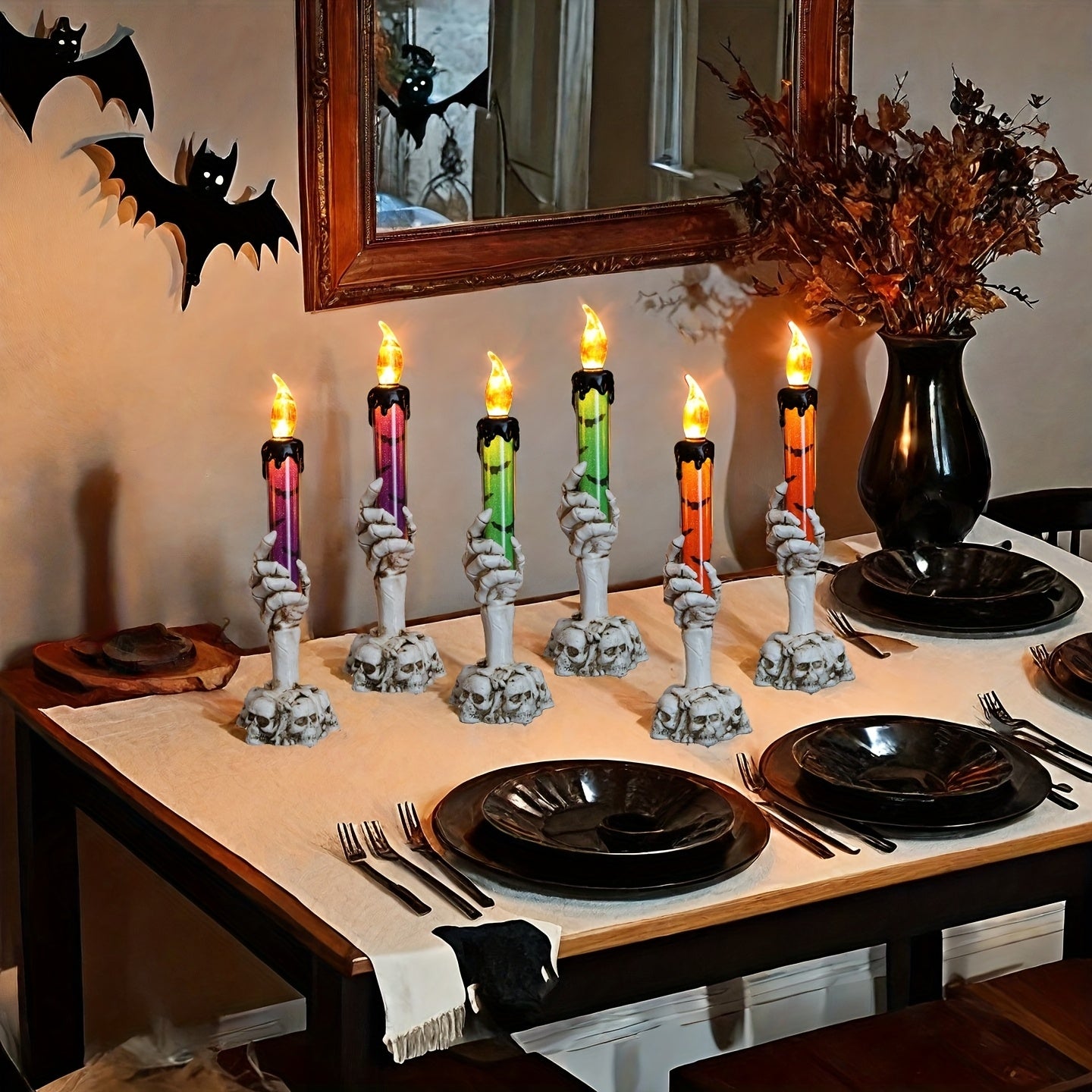 TEMU 6pcs Halloween Decorative Candles With Candle Holder, Spooky Skeleton Hand Flameless Candle Light For Halloween Decoration, Table Centerpieces,